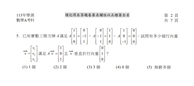 115學年度學測17日登場,首日由數學A、自然打頭陣,其中數學A第5題是各大解題團隊公認難題之一,結合線性組合應用、行向量、矩陣、空間向量內積運算等觀念。(取自大考中心網站公布試題)中央社記者陳至中傳真 115年1月17日
