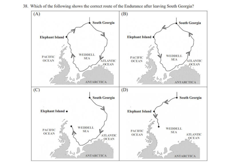 115學年度學測英文科，第35到38題組考「堅忍號」南極探險，要考生判斷這艘帆船沉沒前的路線。解題老師認為是整份試卷閱讀測驗較難的題目，且安排在考卷中段，恐讓學生沮喪。（擷取自大考中心網站）中央社記者陳至中台北傳真　115年1月18日