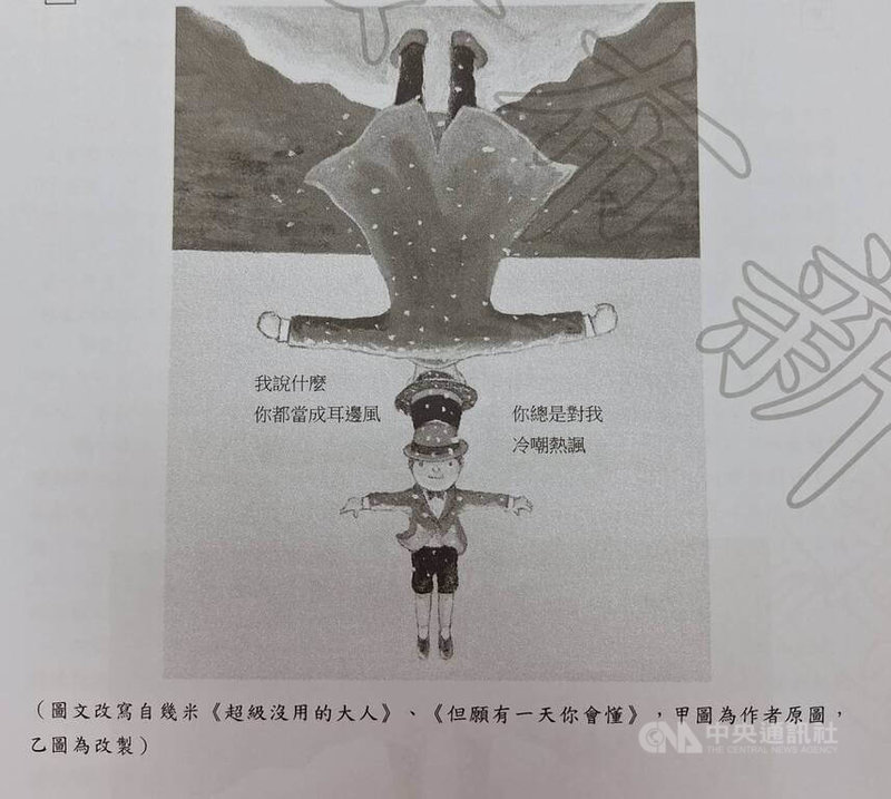 115學年度學科能力測驗18日進入第2天，第3節考國語文寫作能力測驗（國寫），第2大題圖文引用自作家幾米的「超級沒用的大人」、「但願有一天你會懂」。乙圖為改製。中央社記者許秩維攝　115年1月18日