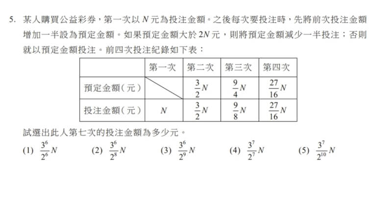 115學年學科能力測驗19日第1節考數B，試題取材多元，包括公益彩券投注金額。（圖取自大考中心網頁ceec.edu.tw）