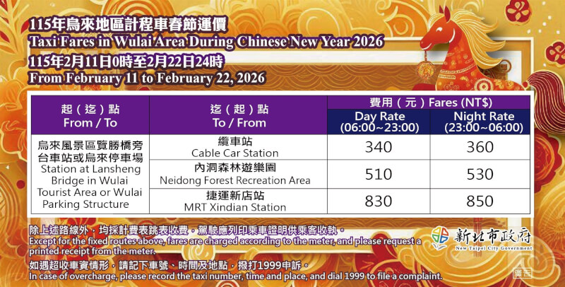 烏來地區計程車春節運價。（圖取自新北市交通局網頁traffic.ntpc.gov.tw）