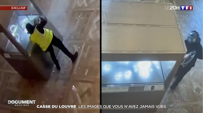 法國電視台播出羅浮宮驚世竊案監視錄影畫面，影片拍到珠寶大盜大膽破壞展示櫃行竊的過程。（圖取自TF1 info網頁tf1info.fr）