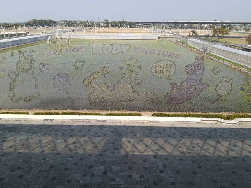 2026屏東熱帶農業博覽會以「2026躍！屏東」為主題，與國際知名童趣角色「跳跳馬RODY」共同展現馬年意象，彩繪稻田區規劃「跳跳馬RODY」圖案，是活動必拍亮點。（屏東縣政府提供）中央社記者李卉婷傳真　115年1月21日