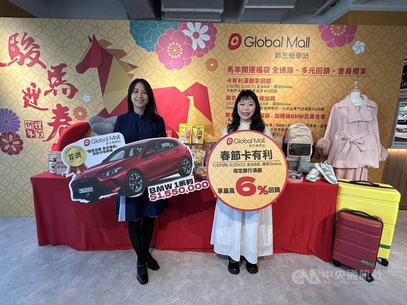 農曆春節將至，百貨、商場搶攻送禮商機推出各式福袋、優惠方案，Global Mall新左營車站即日起至2月25日推出「駿馬迎春」春節檔期，除了有限量百組的「馬吉福袋」外，加碼抽百萬進口名車、黃金富貴馬和精品包等5大獎。中央社記者林巧璉攝　115年1月22日