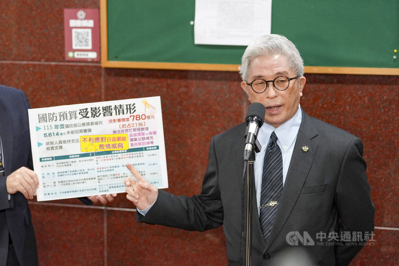 立法院22日針對國民黨與民眾黨團提出115年總預算案新興計畫動支案進行朝野協商,國防部副部長徐斯儉(圖)列席協商前受訪說明優先動支項目將不利於國軍應對敵情威脅,希望國防預算能趕快付委。中央社記者鄭清元攝 115年1月22日