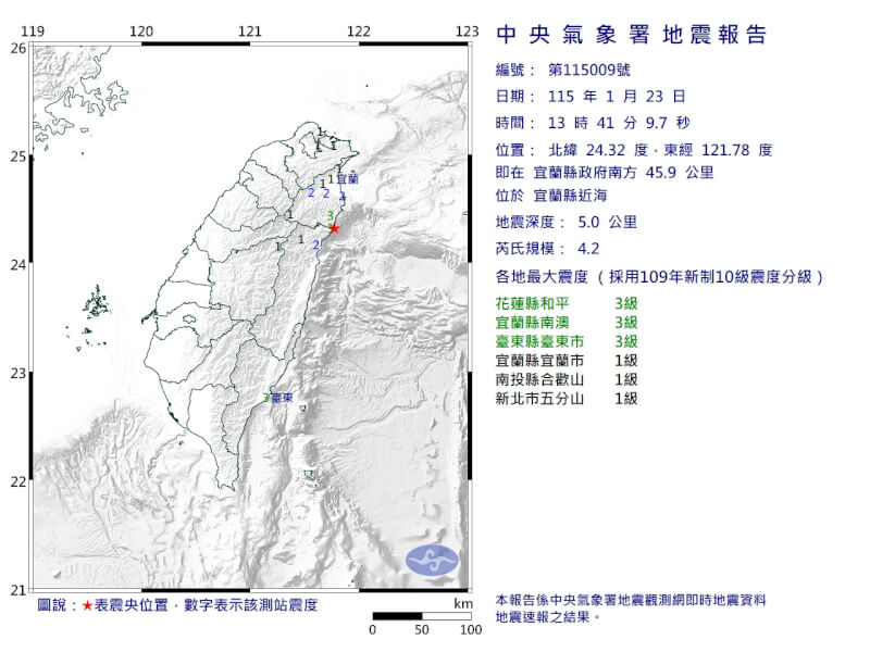 宜蘭縣近海23日下午發生芮氏規模4.2地震。（圖取自中央氣象署網頁cwa.gov.tw）