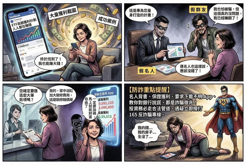 投資詐騙頻傳，刑事局24日呼籲，凡是標榜「名人背書」、「保證獲利」、「穩賺不賠」的投資，都是詐騙警訊；合法投資不會要求下載來路不明App，更不會指示民眾以虛假理由規避銀行行員關懷。（刑事局提供）中央社記者黃麗芸傳真　115年1月24日