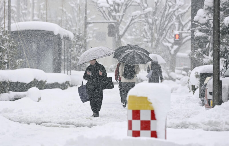 圖為日本石川縣金澤市民眾23日在積雪中行走。（共同社）