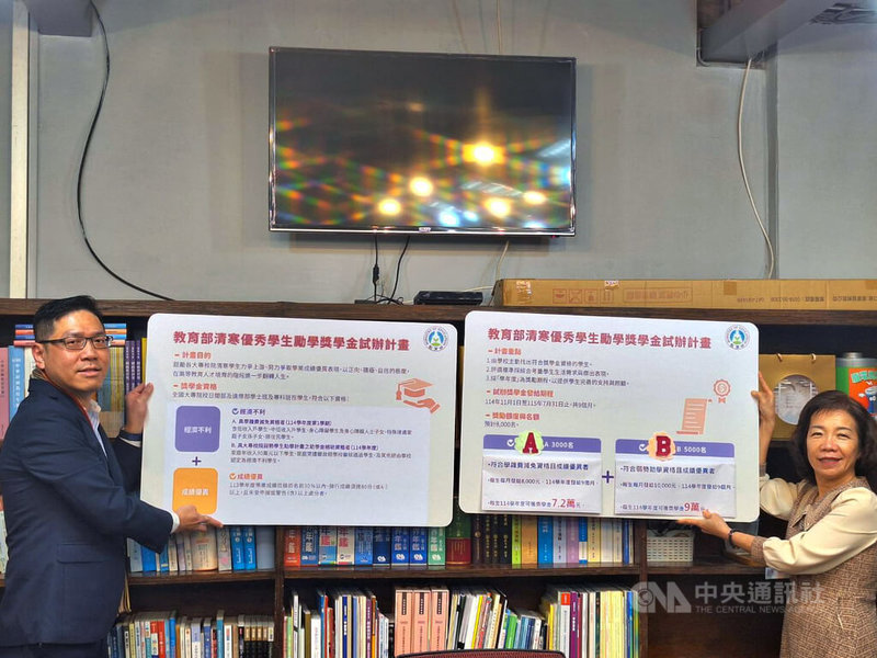 教育部於114學年試辦大專校院清寒優秀學生勵學獎學金，提供8000個名額，教育部技職司長楊玉惠（右）、高教司長廖高賢（左）26日說明計畫內容。中央社記者許秩維攝　115年1月26日