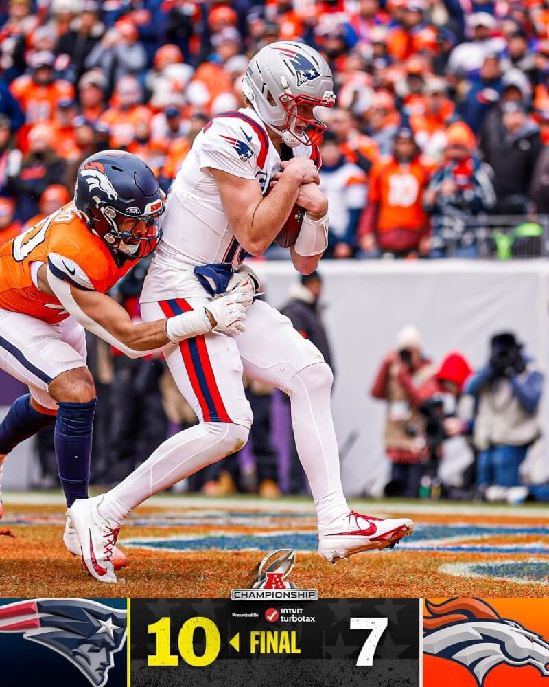 NFL新英格蘭愛國者以10比7險勝丹佛野馬，挺進超級盃。（圖取自x.com/NFL）