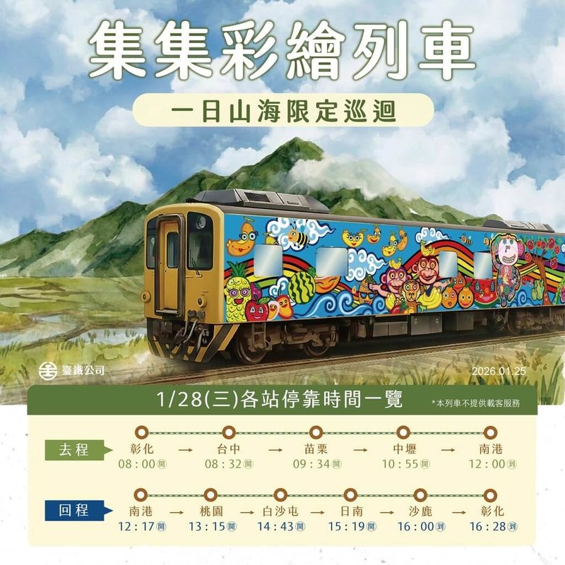台鐵公司宣布，集集線彩繪列車28日將限定巡迴彰化、台中等指定車站，並停留10至20分鐘，提供旅客與彩繪列車合影留念。（台鐵公司提供）中央社記者黃巧雯傳真　115年1月27日