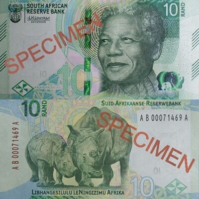 南非2023年改版新鈔背面的非洲五霸，從原本單一動物，轉換成動物家族的意象。（圖取自南非儲備銀行網頁resbank.co.za/en/）