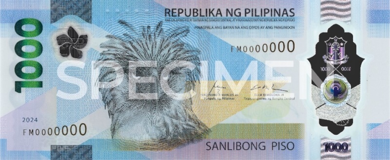菲律賓中央銀行2022年發行新款紙鈔，其中1000披索的圖樣為國鳥菲律賓鷹。（圖取自菲律賓中央銀行網頁bsp.gov.ph/）