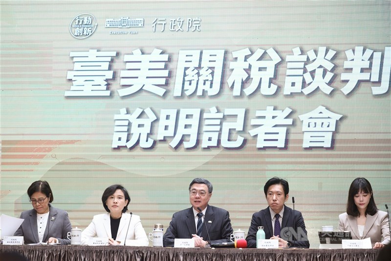 圖為行政院20日舉行台美關稅談判說明記者會，提及政府信用保證2500億美元機制運作細節。（中央社檔案照片）