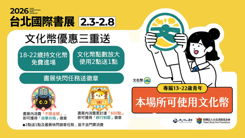 2026台北國際書展即將於2月3日登場，為刺激購書消費，文化部加碼推出「平日門票全額抵用金」、「文化幣好禮三重送」等優惠。（文化部提供）中央社記者邱祖胤傳真　115年1月30日
