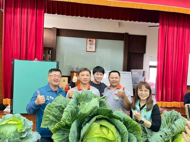 嘉義縣農會3日舉辦「嘉義青農農業技術競賽－巨大高麗菜決賽」，新港鄉青農林俊嘉（左2）栽培的高麗菜重量高達35.24台斤，勇奪冠軍。（嘉義縣農會提供）中央社記者蔡智明傳真　115年2月3日