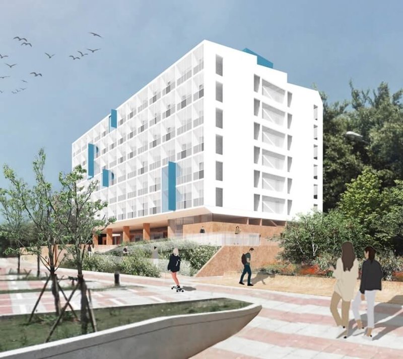 金門大學藉綠色中央政府公債規劃「國立金門大學學生三舍新建工程」，預計興建地上7層、地下1層，朝取得「黃金級綠建築標章」目標規劃。圖為完工模擬圖。（金門大學提供）中央社記者吳玟嶸傳真　115年2月4日