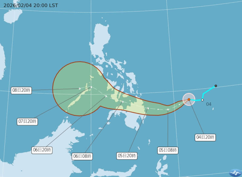 4日晚間8時輕度颱風西望洋路徑潛勢預報圖。（圖取自氣象署網頁cwa.gov.tw）