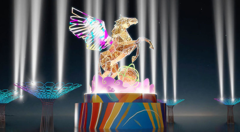 2026桃園燈會25日將盛大登場，主燈「飛馬耀桃園」為設有360度旋轉底座，能動態展翼並演出5種劇情。圖為主燈亮燈模擬畫面。（桃園市觀旅局提供）中央社記者葉臻傳真 115年2月5日