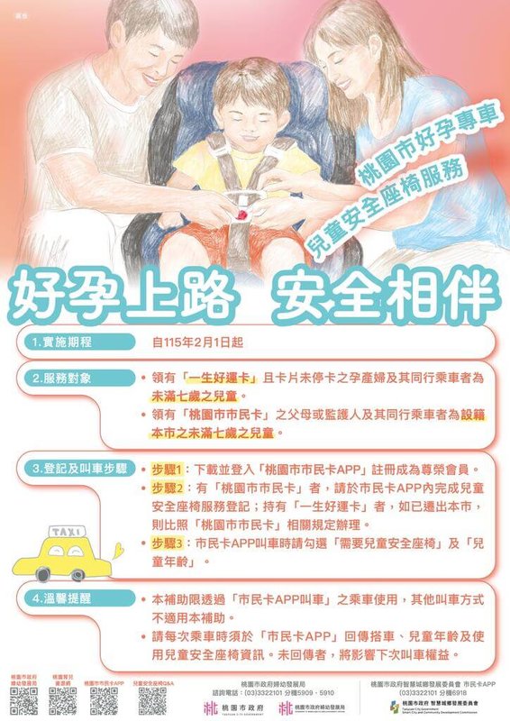 桃園市政府自2月起推出「好孕專車兒童安全座椅計程車服務」，服務對象包含「一生好運卡」持卡人、父母持有市民卡且育有0至6歲幼童的家庭。（桃園市婦幼局提供）中央社記者葉臻傳真　115年2月6日