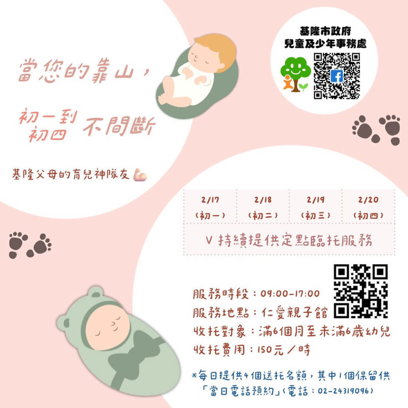 農曆春節將至，基隆市政府兒童及少年事務處從17日至20日（初一至初四），於仁愛親子館推出日間托育服務，每天4個名額，收托對象為滿6個月至未滿6歲幼兒，民眾可透過線上申請或致電洽詢。（基隆市政府提供）中央社記者王朝鈺傳真　115年2月8日