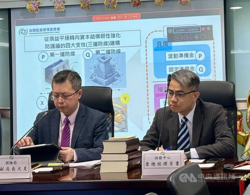 金管會12日舉行例行記者會，並修正外匯價格變動準備金應注意事項，透過調整現行外匯價格變動準備金與特別盈餘公積制度，合計設計4桶金，助壽險業厚實資本。圖為金管會保險局副局長蔡火炎（左）與保發中心總經理詹芳書（右）。中央社記者蘇思云攝　115年2月12日