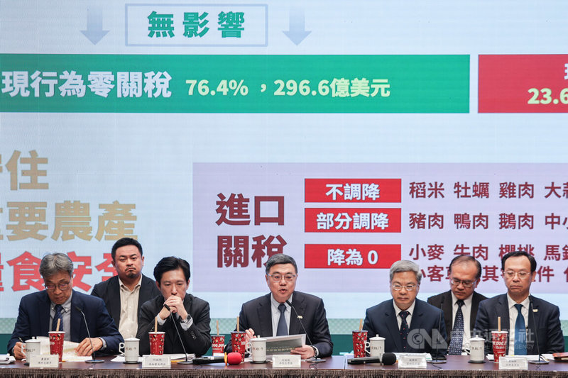 台美對等貿易協定完成簽署，行政院長卓榮泰（中）13日表示，雙方溝通對話、解決問題，除對等關稅等爭取到好成績，台灣也守住稻米、牡蠣、雞肉等關鍵農產品不調降關稅。左起為農業部長陳駿季、勞動部長洪申翰、行政院秘書長張惇涵，右起為衛福部長石崇良、交通部次長陳彥伯、經濟部長龔明鑫。中央社記者裴禛攝　115年2月13日