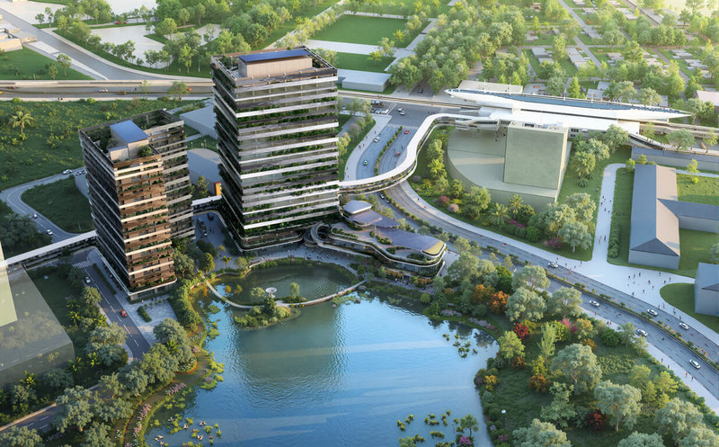 配合台灣積體電路製造股份有限公司高雄設廠，高雄捷運世運站東側A5街廓辦理公辦都市更新招商。高雄市政府捷運工程局13日公布結果，由「日勝生活科技股份有限公司」獲選最優申請人，完工後將提供A級商辦及員工住宅。圖為規劃模擬示意圖。（捷運局提供）中央社記者林巧璉傳真　115年2月13日