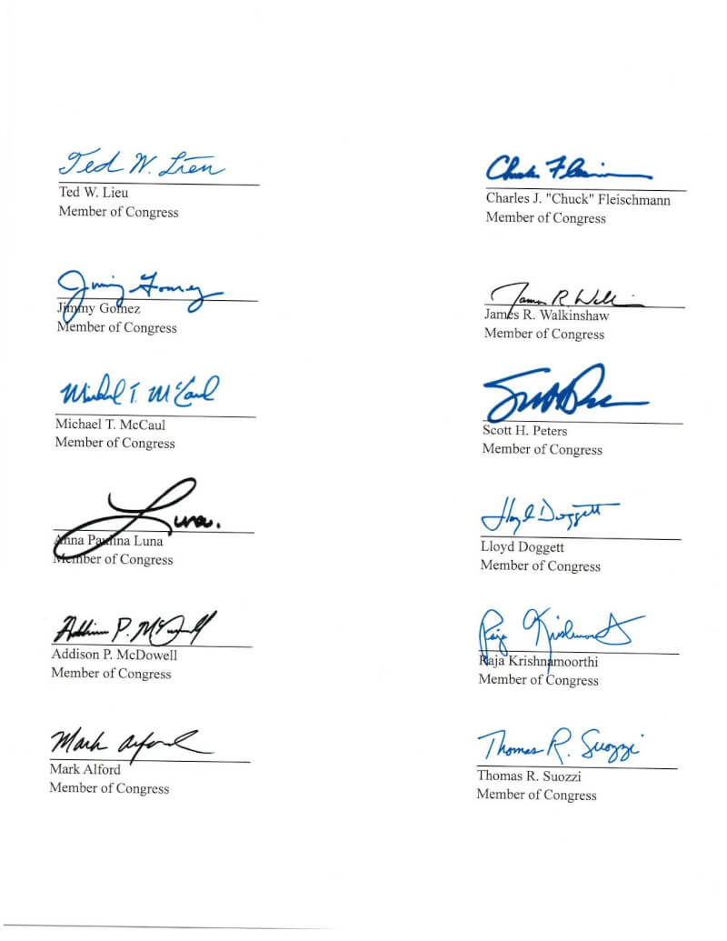 美國34名跨黨派的聯邦參、眾議員12日致函立法院長韓國瑜等人，關切立法院可能只批准部分強化台灣國防的預算。圖為部分議員簽名。（聯邦參議員芮基茲辦公室提供）中央社記者鍾佑貞華盛頓傳真 115年2月13日