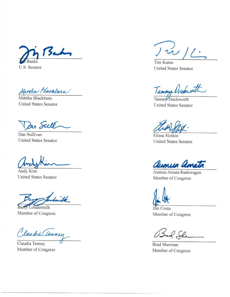美國34名跨黨派的聯邦參、眾議員12日致函立法院長韓國瑜等人，關切立法院可能只批准部分強化台灣國防的預算。圖為部分議員簽名。（聯邦參議員芮基茲辦公室提供）中央社記者鍾佑貞華盛頓傳真 115年2月13日