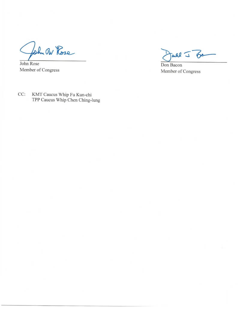 美國34名跨黨派的聯邦參、眾議員12日致函立法院長韓國瑜等人，關切立法院可能只批准部分強化台灣國防的預算。圖為部分議員簽名。（聯邦參議員芮基茲辦公室提供）中央社記者鍾佑貞華盛頓傳真 115年2月13日