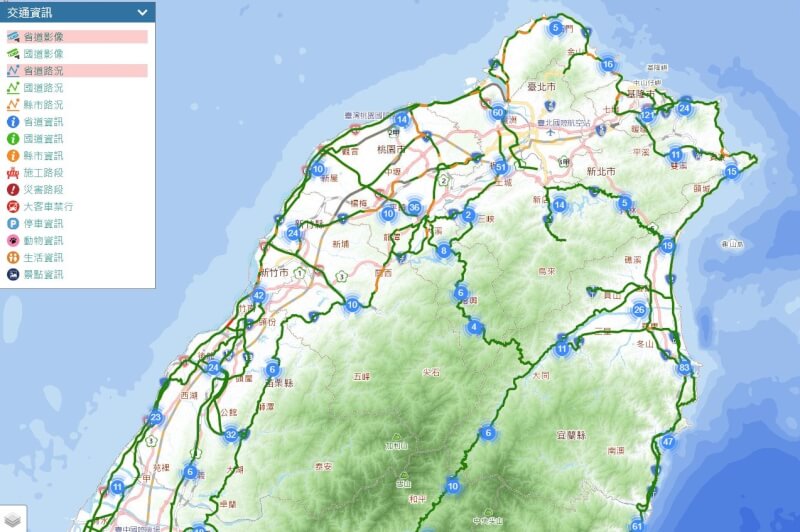 交通部公路局表示，預估18日有16處路段容易壅塞，包括台2線及台2乙線關渡至淡水東向路段、台3丙線竹山紫南宮東向路段等。（圖取自公路局網頁168.thb.gov.tw）