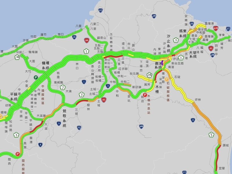 18日下午1時許北部國道即時路況。（圖取自高速公路路況網頁1968.freeway.gov.tw）