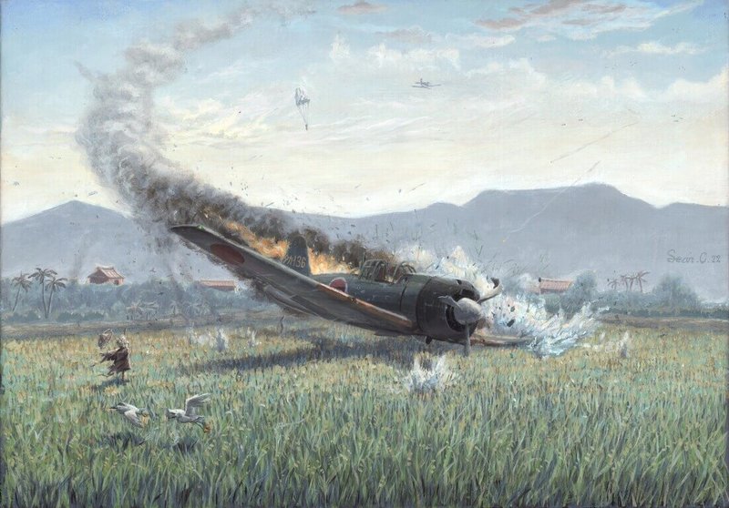 陳尚謙的「高雄空 飛虎將軍」畫作，描繪1架零式戰鬥機遭擊中並墜往海尾寮，日軍飛行員盡力避開聚落，最終雖跳傘仍墜地而亡。戰後台南民眾建造鎮安堂飛虎將軍廟，將飛行員「杉浦茂峰」供奉為神祇。（陳尚謙提供）中央社記者吳書緯傳真　115年2月22日