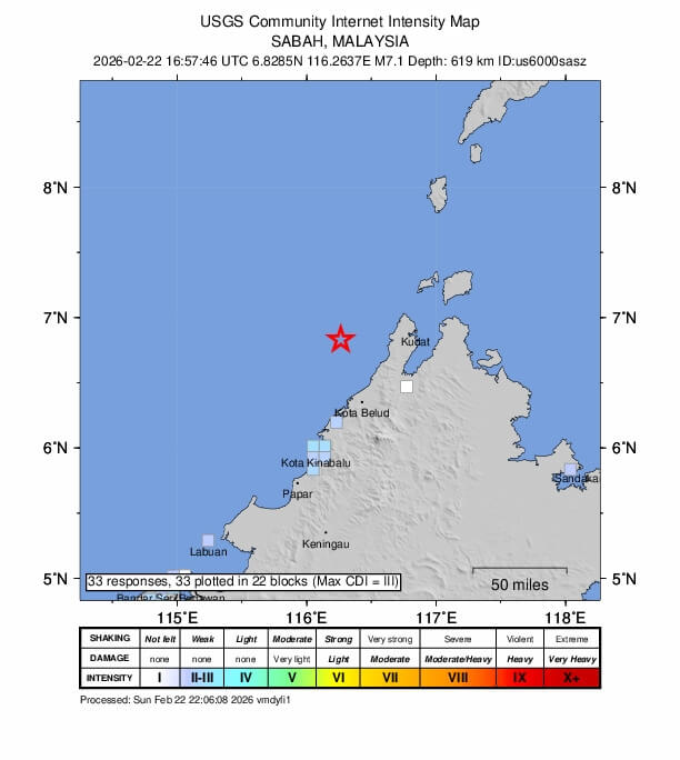 馬來西亞婆羅洲（Borneo）沙巴州外海23日凌晨發生規模7.1強震。（圖取自美國地質調查所網頁earthquake.usgs.gov）