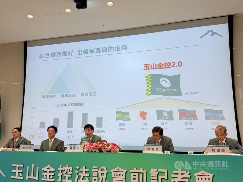 玉山金24日舉行2025年第4季法說會前記者會，圖為董事長黃男州（中）、金控總經理陳茂欽（左2）、財務長程國榮（右1）、科技長張智星（右2）、策略長譚宏（左1）。中央社記者呂晏慈攝　115年2月24日