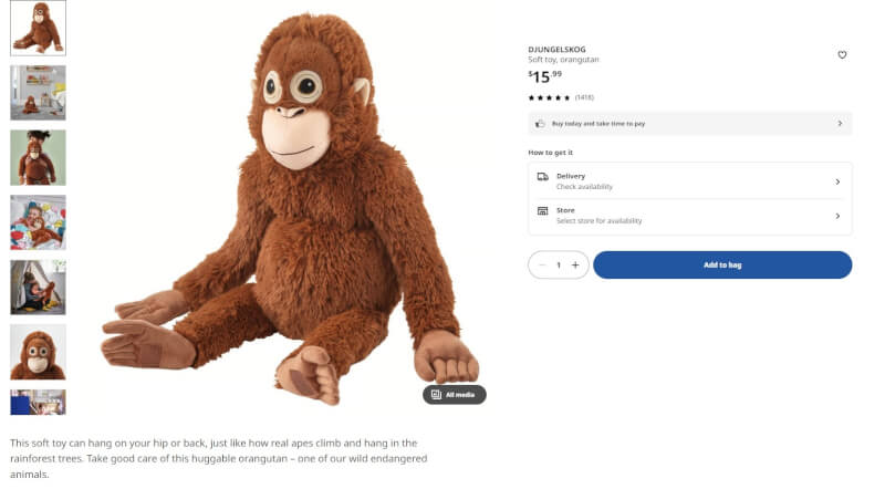 澳洲IKEA官網在商品介紹中寫道：「這款絨毛玩具可以掛在你的腰間或背上，就像真正的猿類在雨林中攀爬、擺盪。請好好照顧這隻紅毛猩猩，牠是我們瀕危的野生動物之一。」（圖取自ikea.com/au）