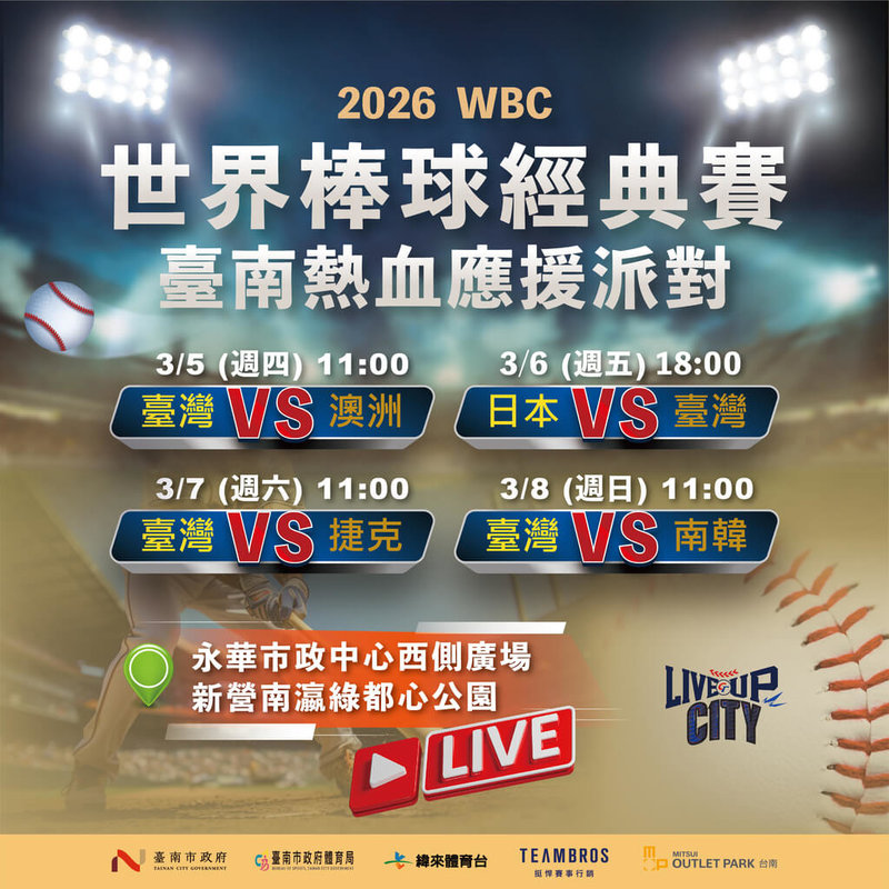 世界棒球經典賽（WBC）台灣隊賽事將於3月5日在日本東京巨蛋開打，台南市政府規劃在永華市政中心西側廣場及新營南瀛綠都心公園舉辦應援派對，為台灣棒球英雄加油。（台南市政府提供）中央社記者楊思瑞台南傳真　115年2月25日