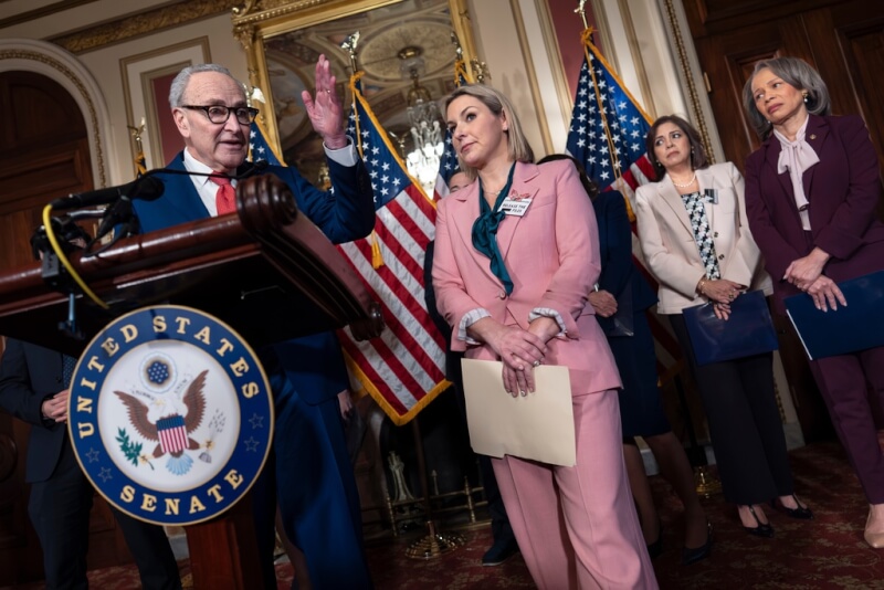 川普發表國情咨文前，艾普斯坦案受害者身穿粉色套裝出席記者會。（美聯社）