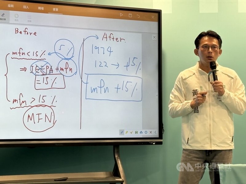 民眾黨主席黃國昌25日談到美國關稅政策變化，並表示台灣應和美國溝通是否重新調整台美對等貿易協定內容，且應提供出口廠商指引及必要協助。中央社記者曹亞沿攝 115年2月25日