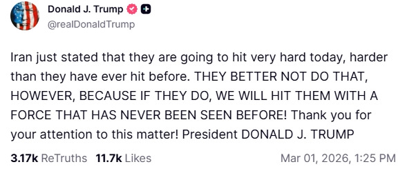 川普1日發文指出,若伊朗展開報復,美方將動用「前所未見的武力」打擊德黑蘭。(圖取自川普真實社群truthsocial.com/@realDonaldTrump)