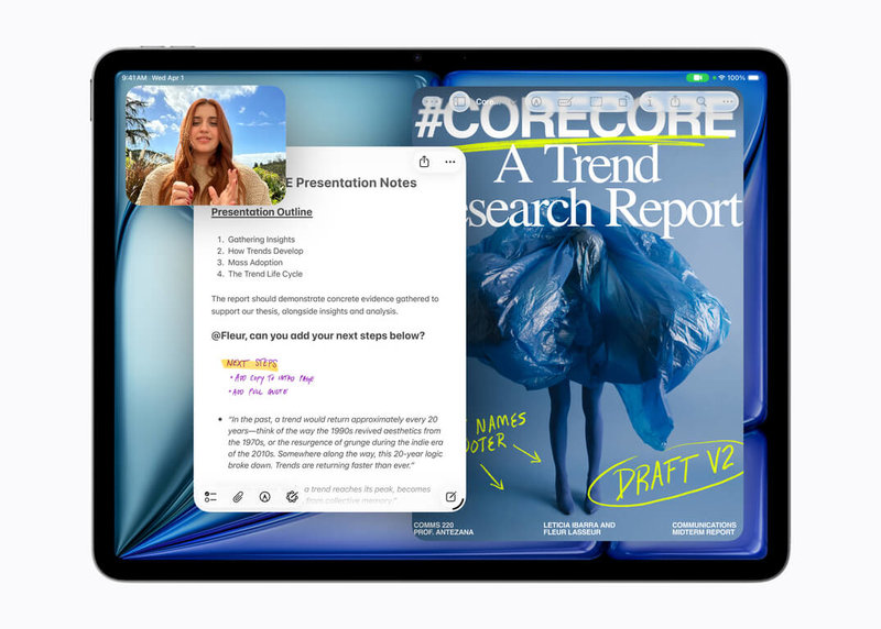 蘋果公司（Apple）2日晚間推出搭載自研晶片M4的新款平板電腦iPad Air，配備更大的記憶體、更快的中央處理器（CPU）與繪圖處理器（GPU），效能較前一代提升30%。（蘋果提供）中央社記者吳家豪傳真　115年3月2日