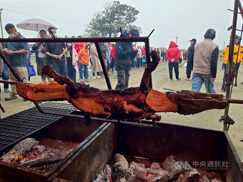 雲林縣「馬鳴山鎮安宮五年千歲信仰活動」3日登場,其中傳統習俗「吃飯擔」由東勢媽祖埔與褒忠鄉六塊寮共同主辦,現場備有米糕、羊肉湯、烤豬、烤鱷魚(圖)等佳餚讓民眾呷平安。中央社記者姜宜菁攝 115年3月3日