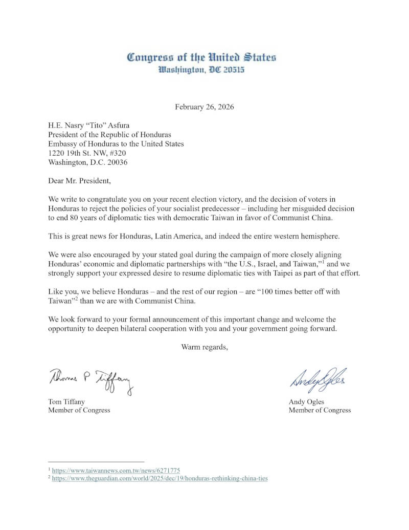 美國眾議員蒂芬尼及奧格茲日前致函宏都拉斯新總統阿斯夫拉。（美國共和黨議員蒂芬尼辦公室提供）