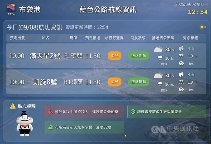 台灣港務公司5日宣布，藍色公路布馬航線資訊網即日起正式啟用，每日更新布袋港與馬公港往返航班資訊，並整合即時海氣象數據與航班動態，提供智慧化旅途建議。中央社記者黃巧雯傳真　115年3月5日