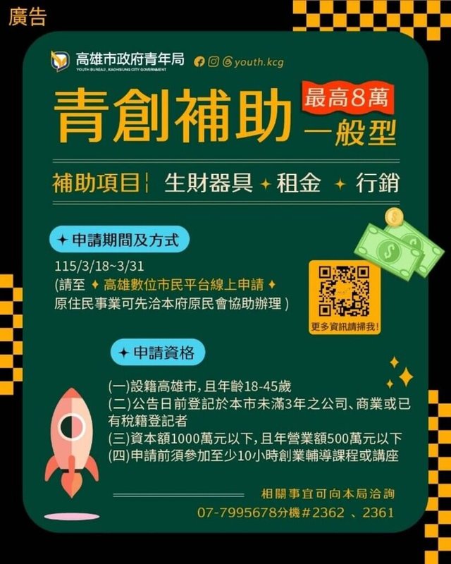 高雄市「一般型」青年創業補助計畫18日起開放申請，期限至31日，每案最高補助新台幣8萬元。（高雄市青年局提供）中央社記者林巧璉傳真　115年3月5日