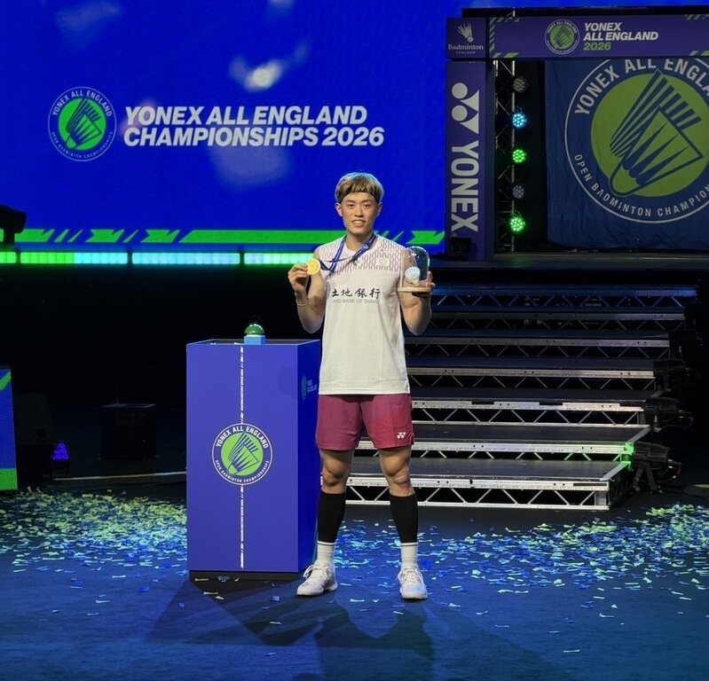 BWF超級1000等級的全英羽球公開賽，台灣「左手重砲」林俊易（圖）8日在男單決賽奪冠，世界排名有望提升。（教練劉佳城提供）中央社記者黎建忠傳真　115年3月8日