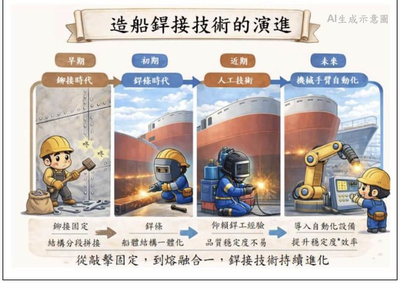 台船9日推出「造船電銲，打造海上巨獸的鋼鐵裁縫師」篇章，說明造船需拼湊成千上萬片鋼板，目前已導入AI演算法與銲接機器人，提高工作效率。（台船提供）中央社記者游凱翔傳真　115年3月9日