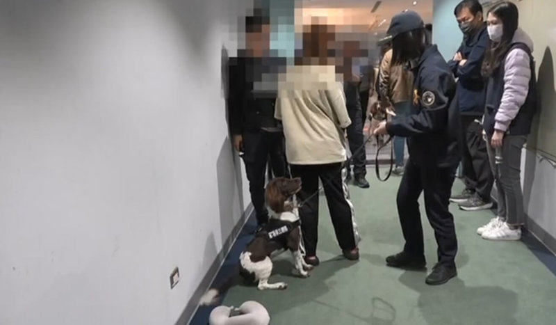 姚姓女子（左2）涉嫌在私密處夾藏毒品海洛因球，從柬埔寨搭機返台入境闖關，警方帶領緝毒犬前往桃園國際機場查緝，緝毒犬「坐下」警示聞到毒品，姚女才取出夾藏於私密處的4顆海洛因球。（警方提供）中央社記者王朝鈺傳真　115年3月9日