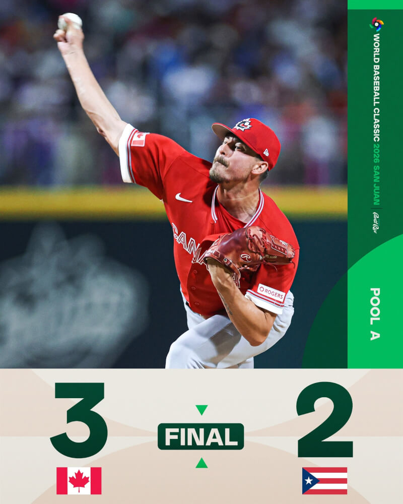 加拿大隊10日在世界棒球經典賽（WBC）以3比2擊敗波多黎各。（圖取自x.com/WBCBaseball）